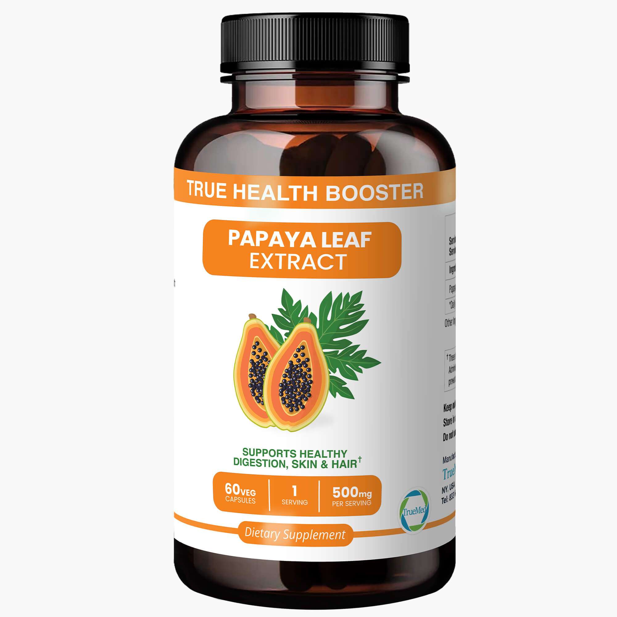 TrueMed Papaya Leaf Extract 500 mg: Nourishing Platelet Support, carica papaya leaf extract, 60 capsule front image